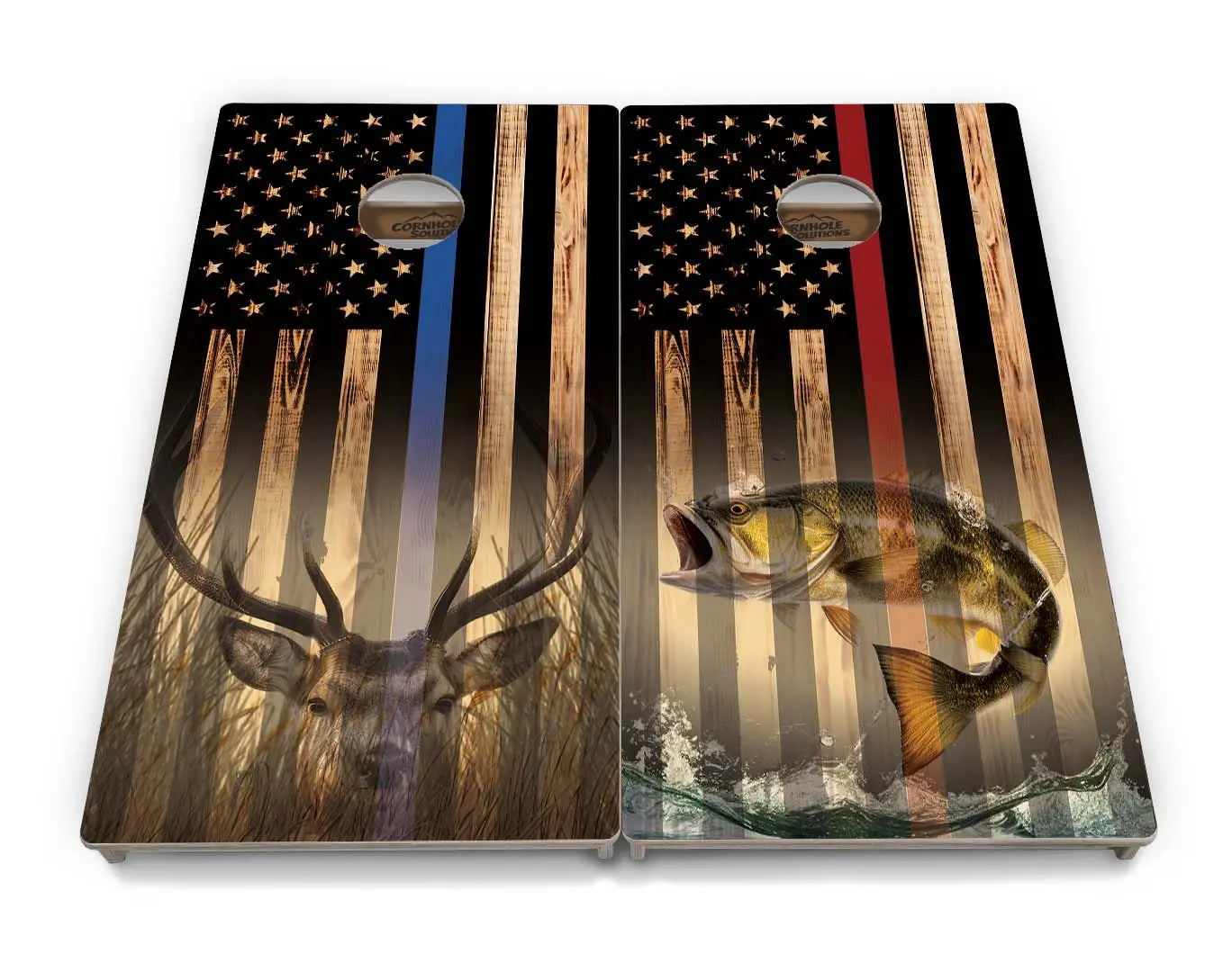 Blue & Red Line Burnt Flag Deer & Fish Cornhole Boards - Professional Tournament Series Cornhole Solutions