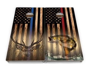 Blue & Red Line Burnt Flag Deer & Fish Cornhole Boards - Professional Tournament Series Cornhole Solutions