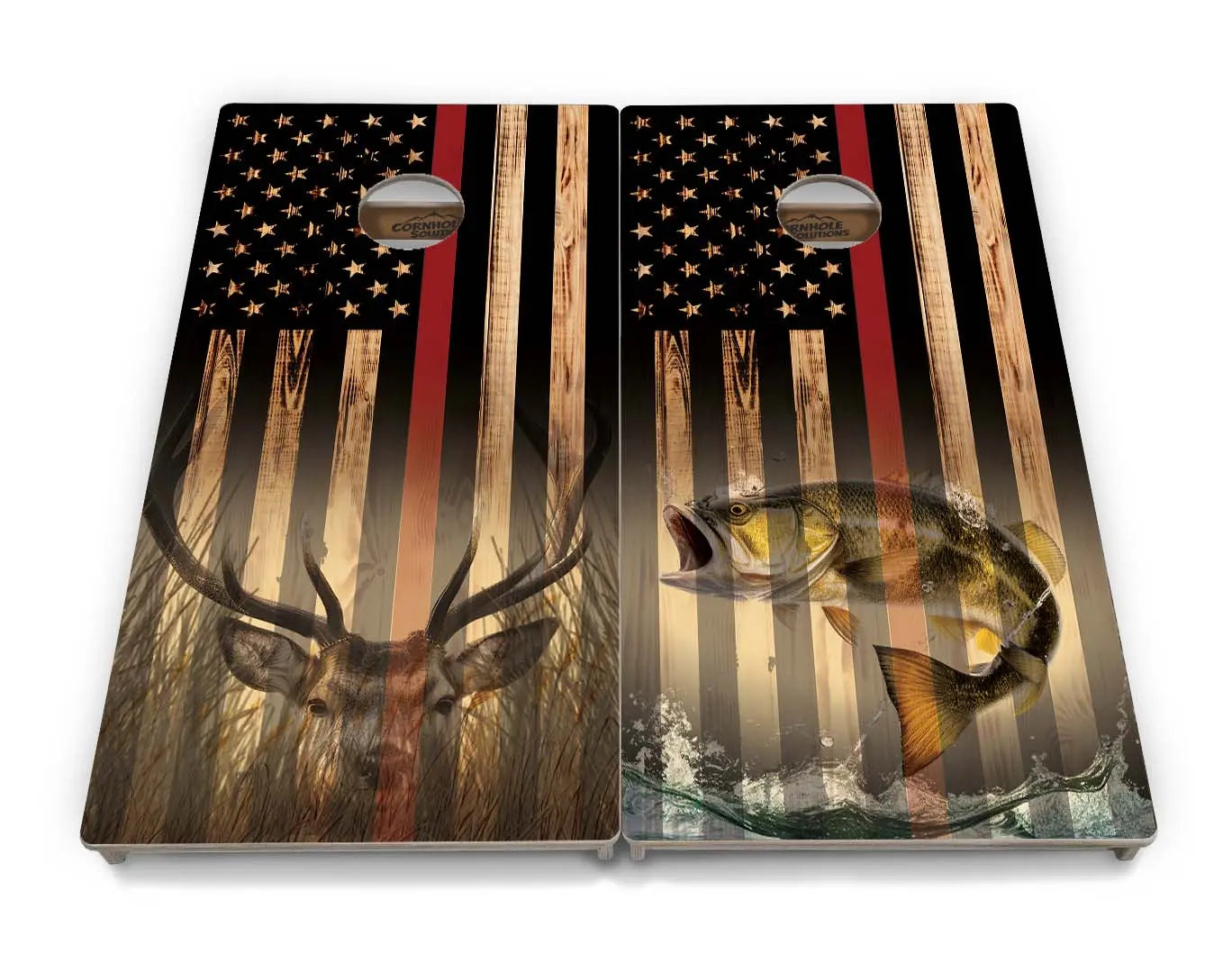 Blue & Red Line Burnt Flag Deer & Fish Cornhole Boards - Professional Tournament Series Cornhole Solutions