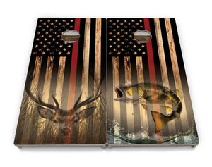 Blue & Red Line Burnt Flag Deer & Fish Cornhole Boards - Professional Tournament Series Cornhole Solutions