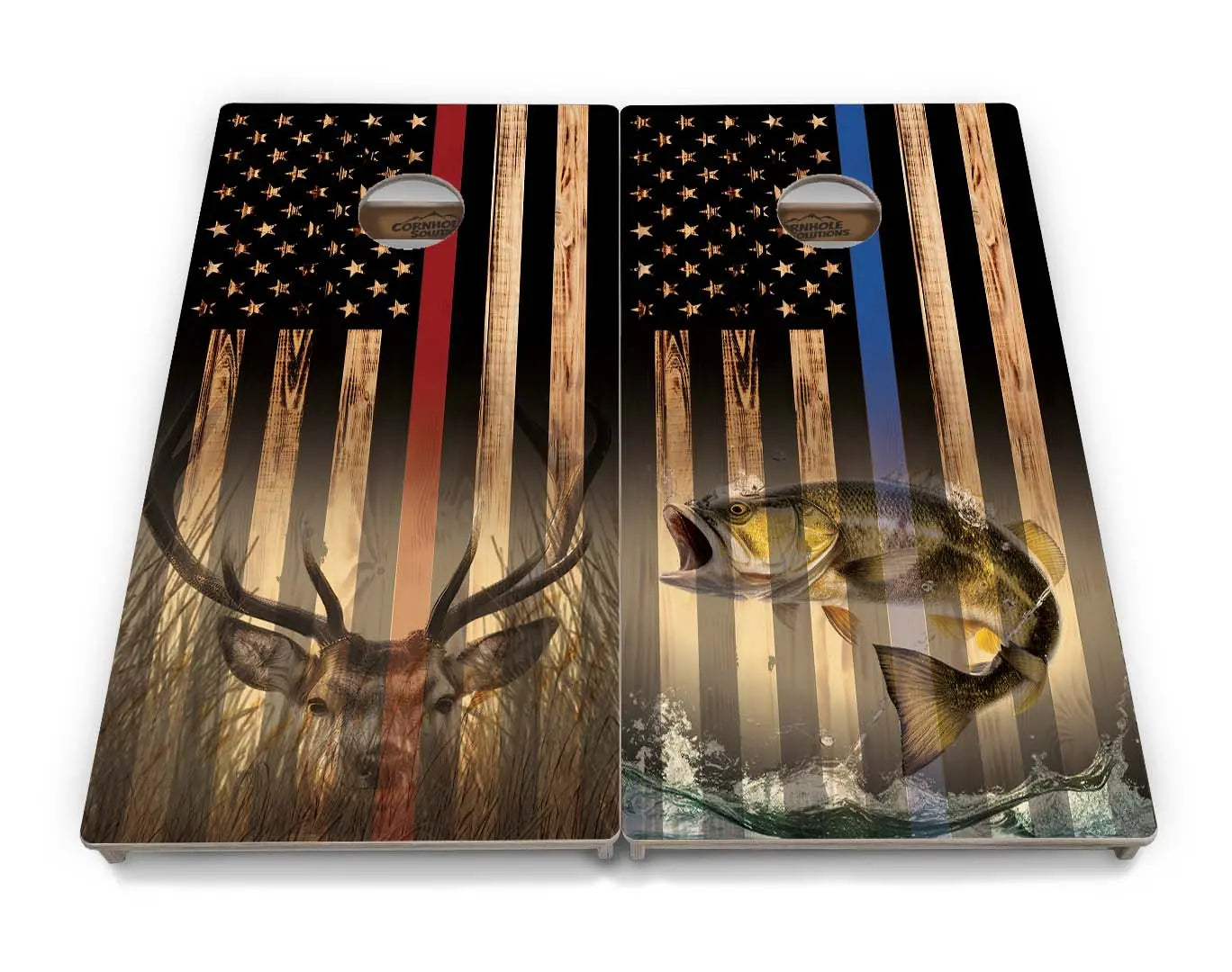 Blue & Red Line Burnt Flag Deer & Fish Cornhole Boards - Professional Tournament Series Cornhole Solutions