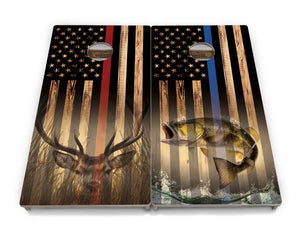 Blue & Red Line Burnt Flag Deer & Fish Cornhole Boards - Professional Tournament Series Cornhole Solutions