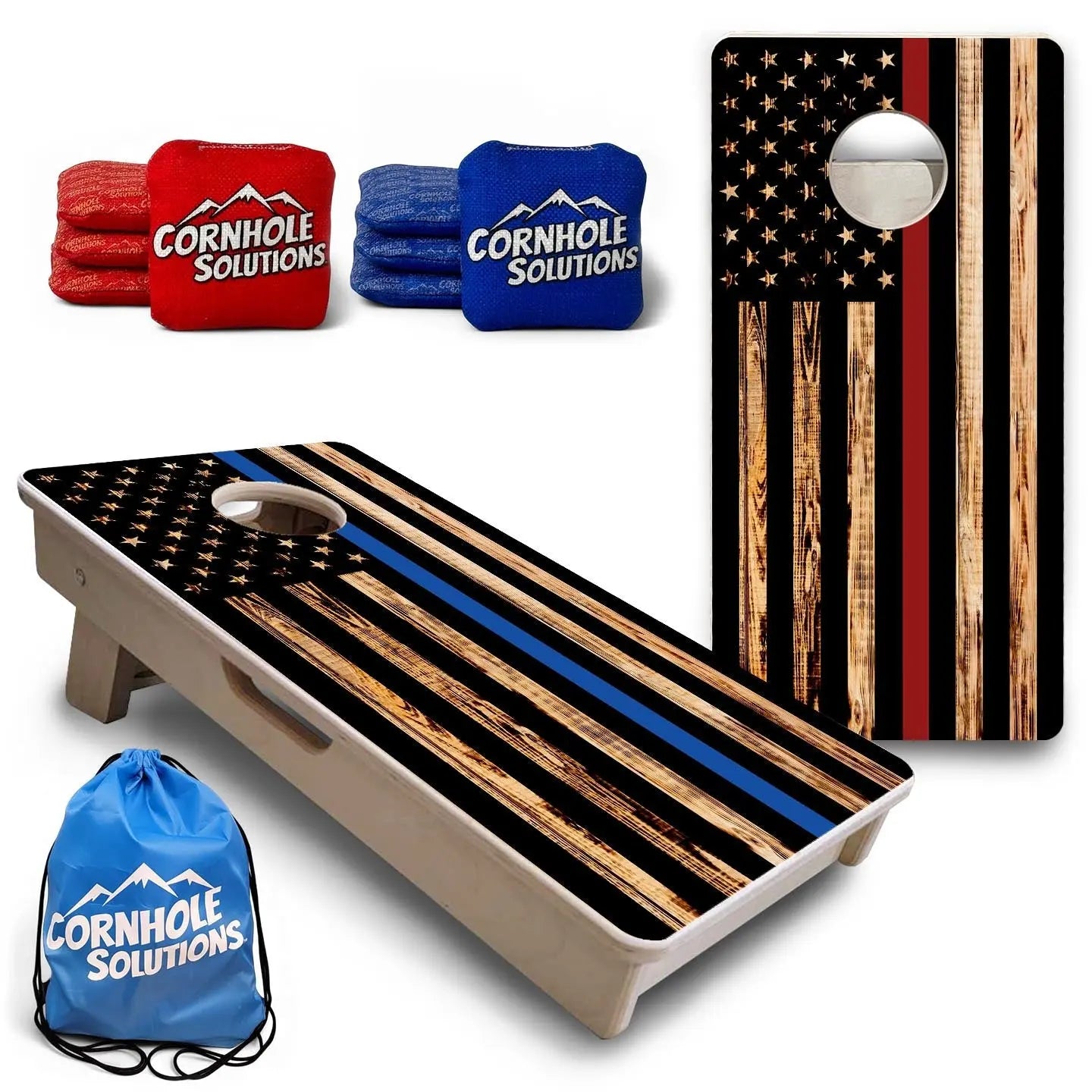 Blue & Red Line Burnt Flag - Mini or Vacation Size Cornhole Boards by Cornhole Solutions, custom cornhole board main product photo