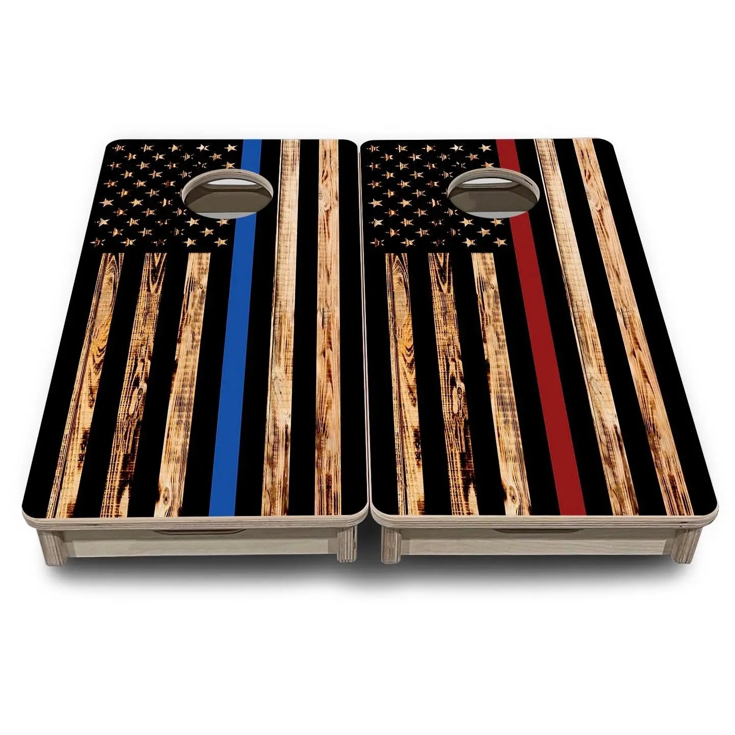 Blue & Red Line Burnt Flag - Mini or Vacation Size Cornhole Boards by Cornhole Solutions, custom cornhole board detail photo 2
