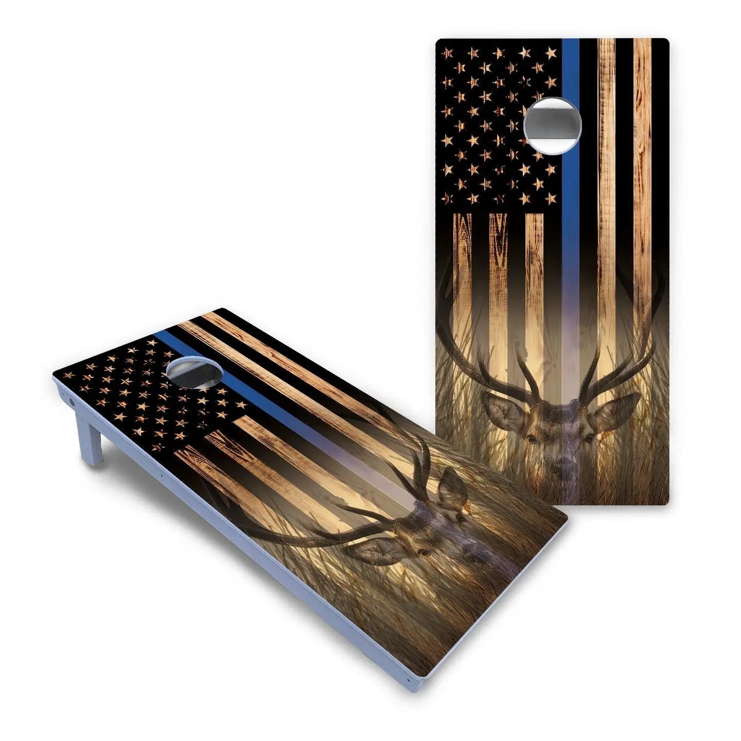 Blue & Red Line Deer & Fish Flag Cornhole Boards - All Weather Series by Cornhole Solutions, custom cornhole board detail photo 2