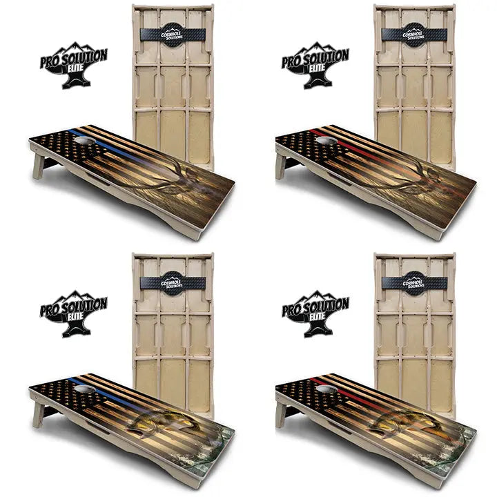 Blue & Red Line Flag Deer & Fish Flag Cornhole Boards - Pro Solution Elite Series by Cornhole Solutions, custom cornhole board main product photo