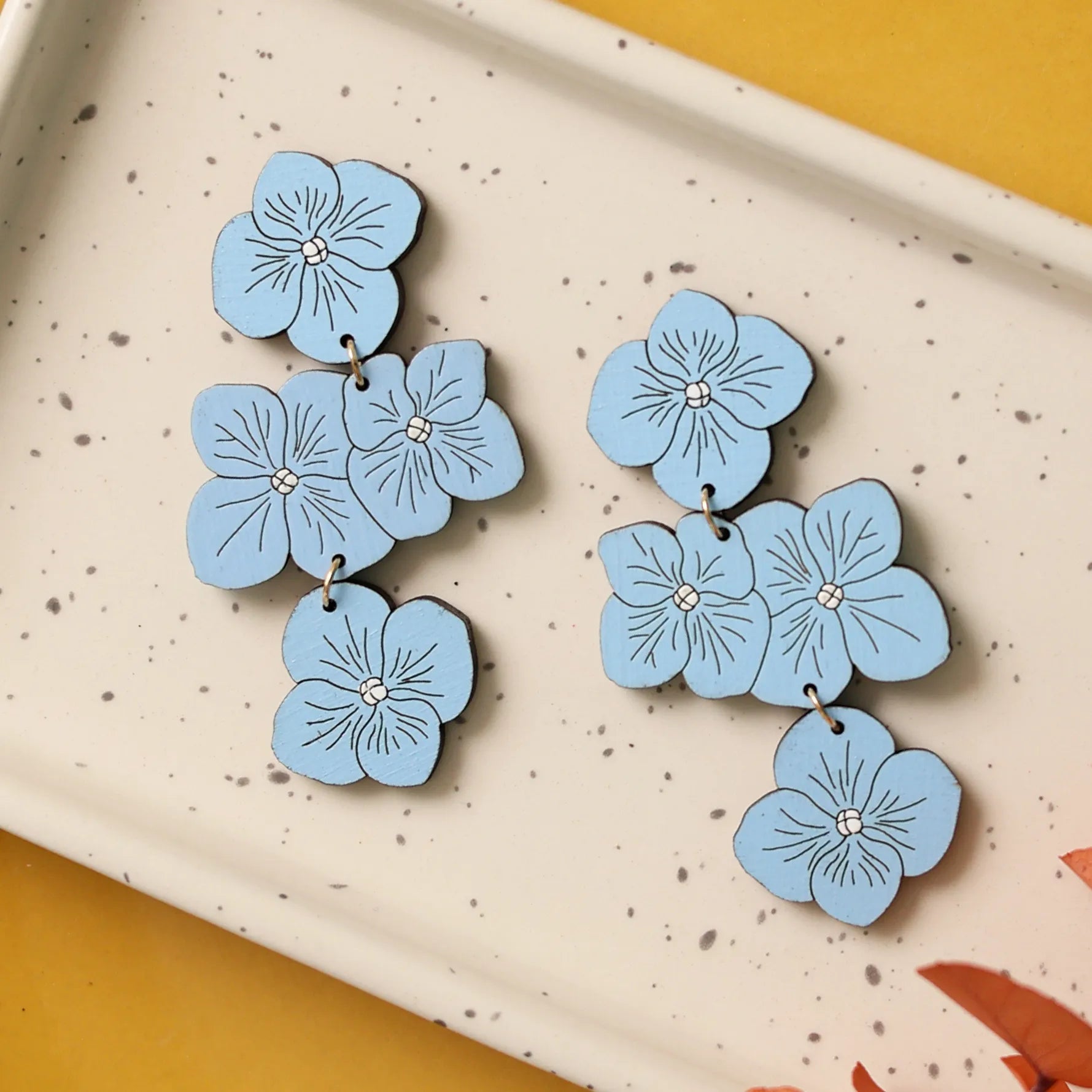 Powder Blue Hydrangea Statement Earrings hand painted on lightweight wood by LE CHIC MIAMI