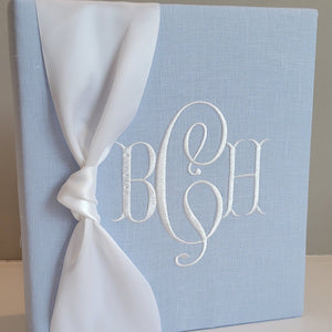 Blue linen handmade baby memory book with satin bow by AP Creations