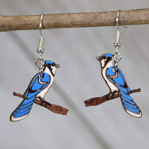 Blue Jay Wooden Dangle Earrings | Realistic Bird Jewelry