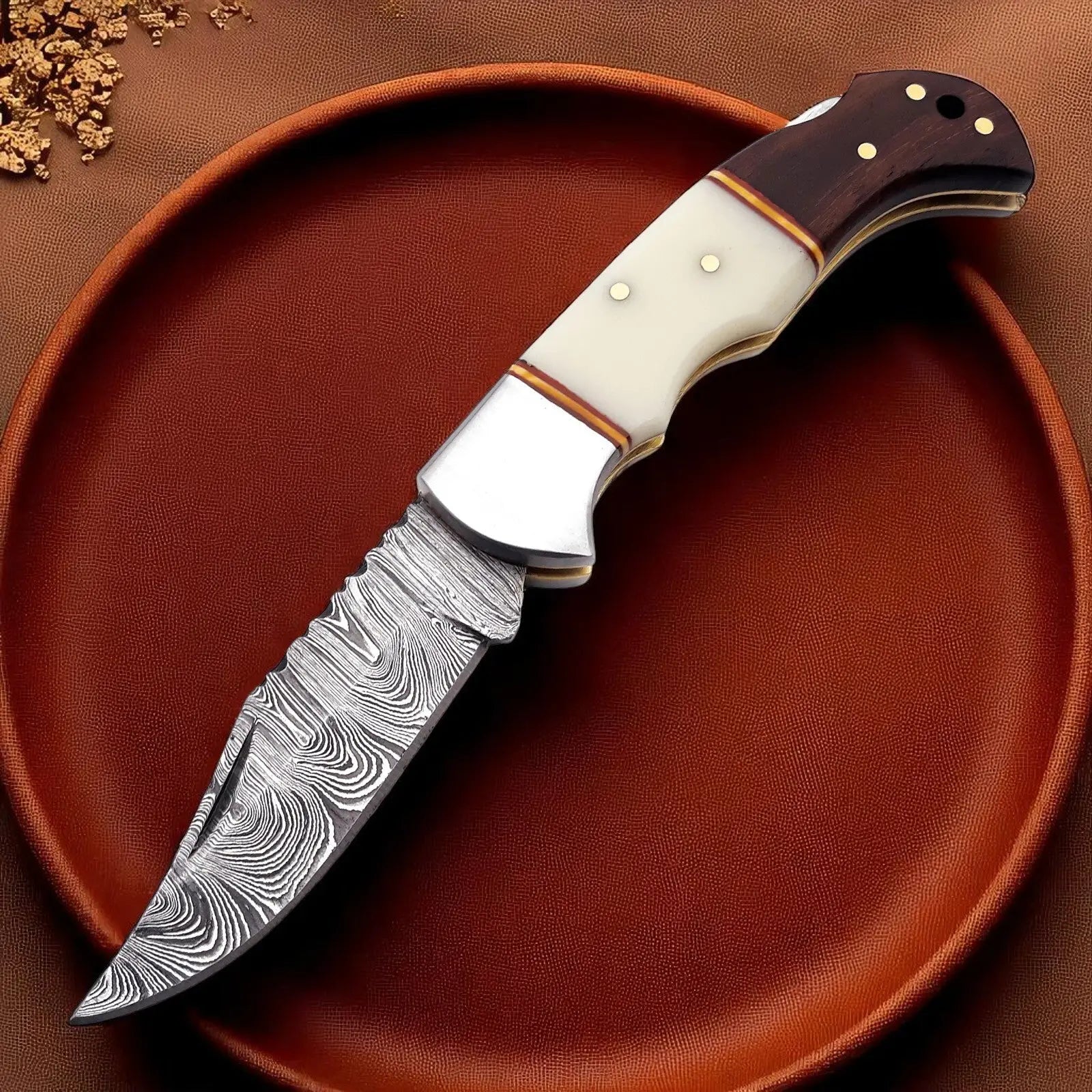 Bone Handle Pocket Knife | with Back Lock Damascus Knife Store