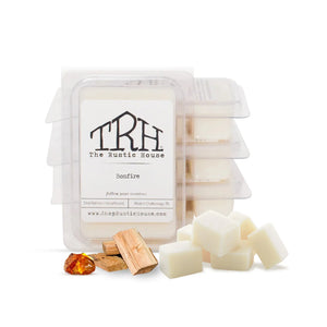The Rustic House Bonfire wax melt with wood and amber pieces.