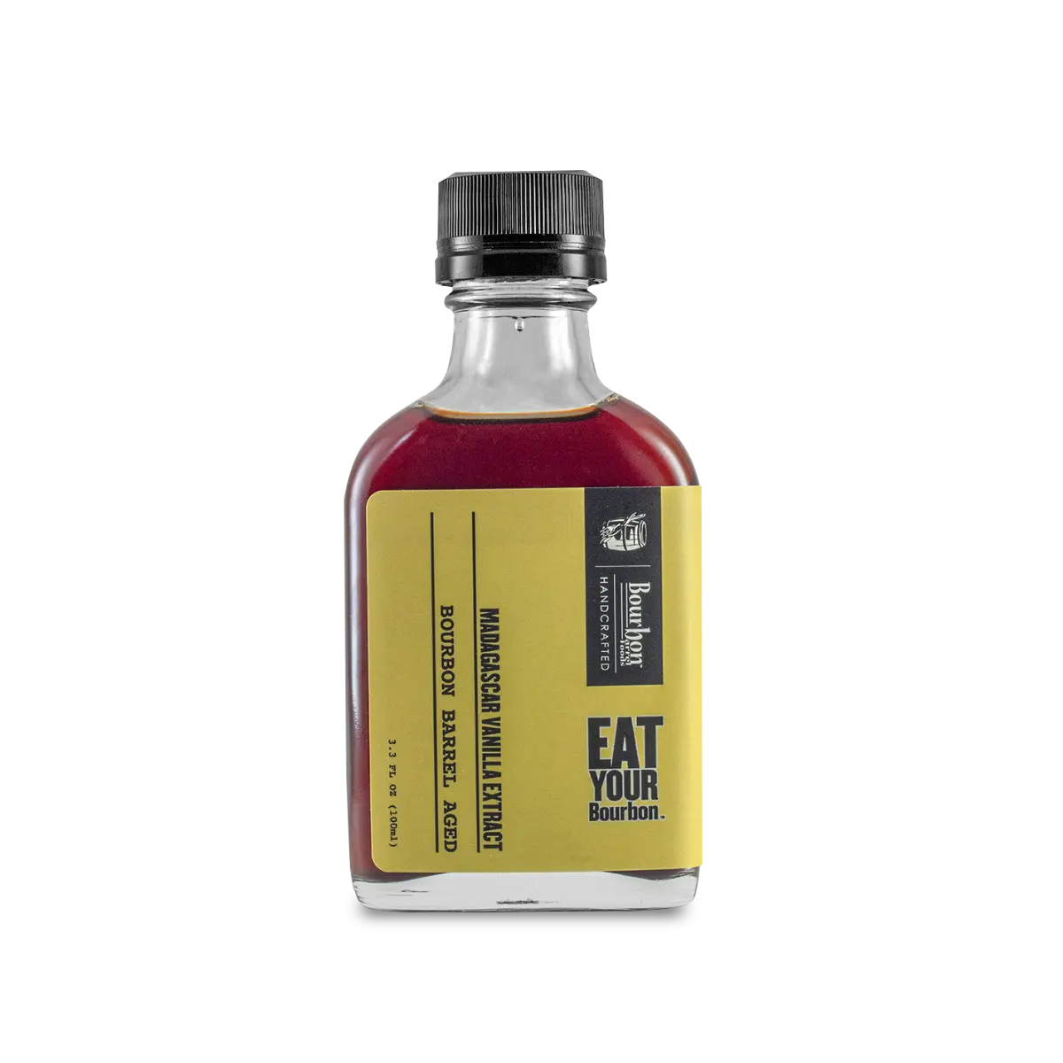 Bourbon Barrel Aged Madagascar Vanilla Extract in a glass bottle with yellow label.