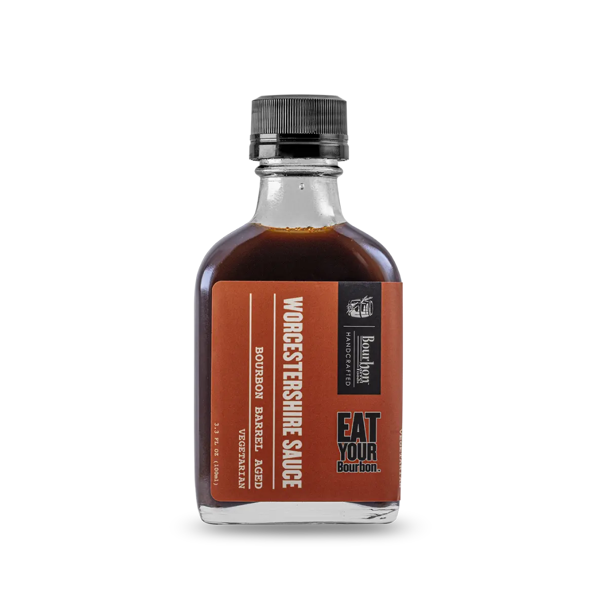 Bourbon Worcestershire Sauce in glass bottle with brown label reading "Bourbon Barrel Aged"