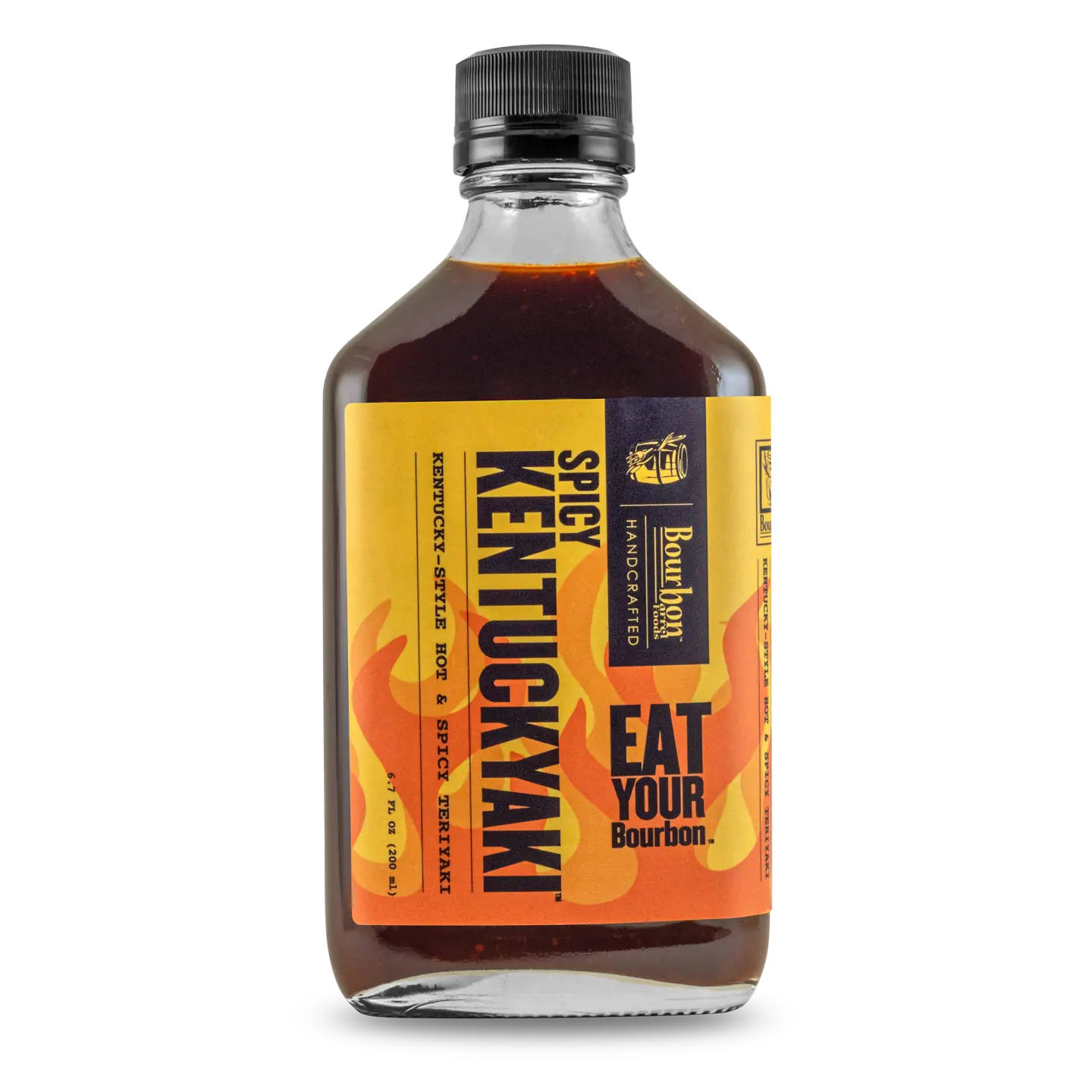 Bourbon Barrel Foods Spicy Kentuckyaki sauce bottle with yellow label and flame graphics.