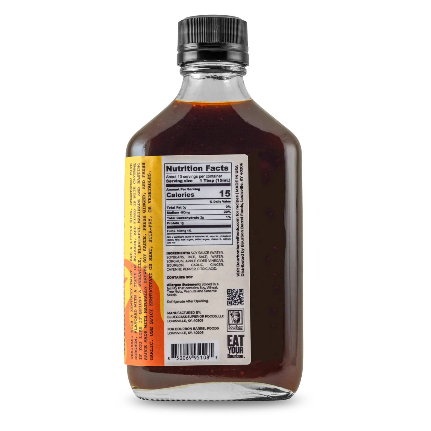 Glass bottle of Bourbon Barrel Foods Hot & Spicy Kentuckyaki sauce with nutrition label.