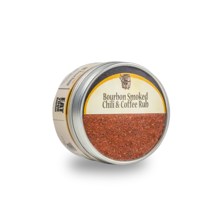 Bourbon Smoked Chili & Coffee Rub in a round tin