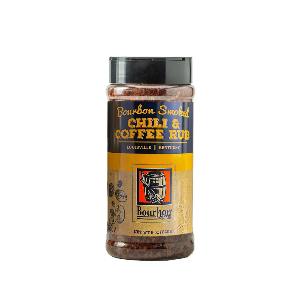 Bourbon Smoked Chili & Coffee Rub spice blend in a clear plastic container.