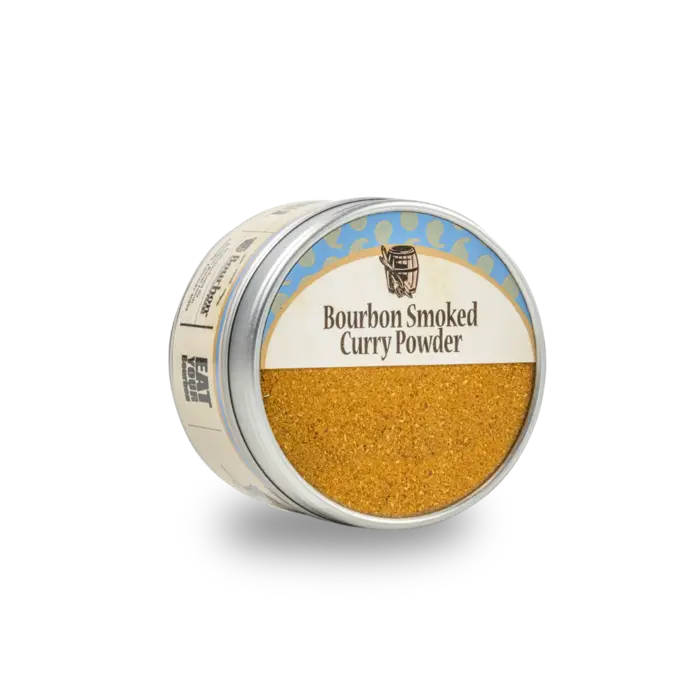 Bourbon Smoked Curry Powder in a tin with label.