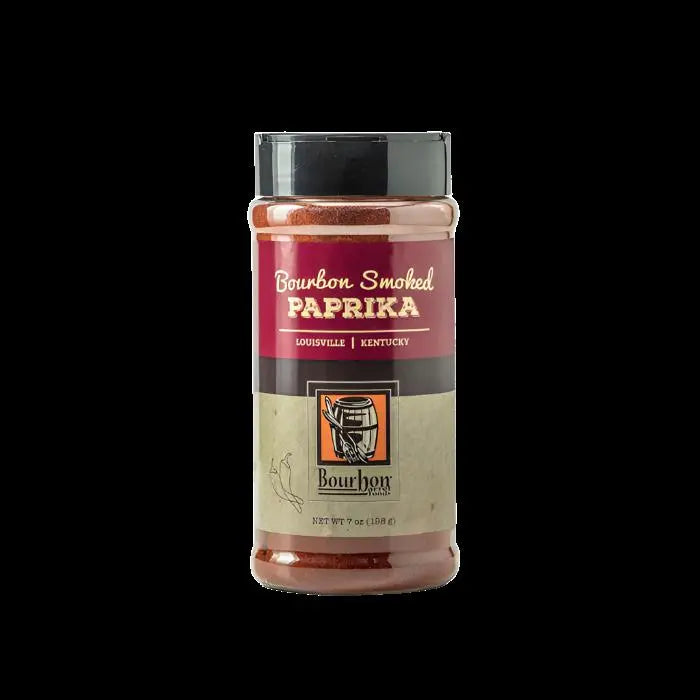 Bourbon Smoked Paprika spice blend in a clear plastic shaker jar.