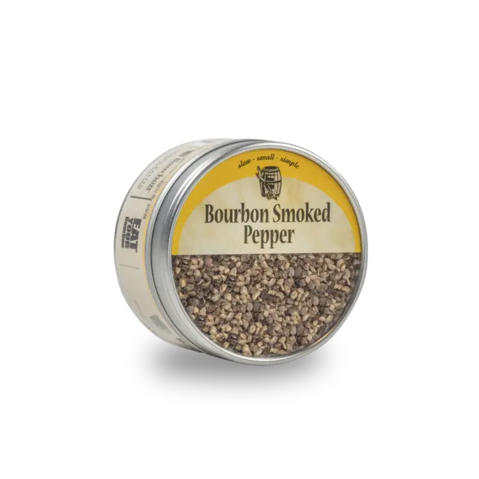Bourbon Smoked Pepper in a metal tin container.