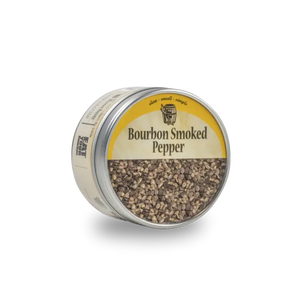 Bourbon Smoked Pepper in a metal tin container.