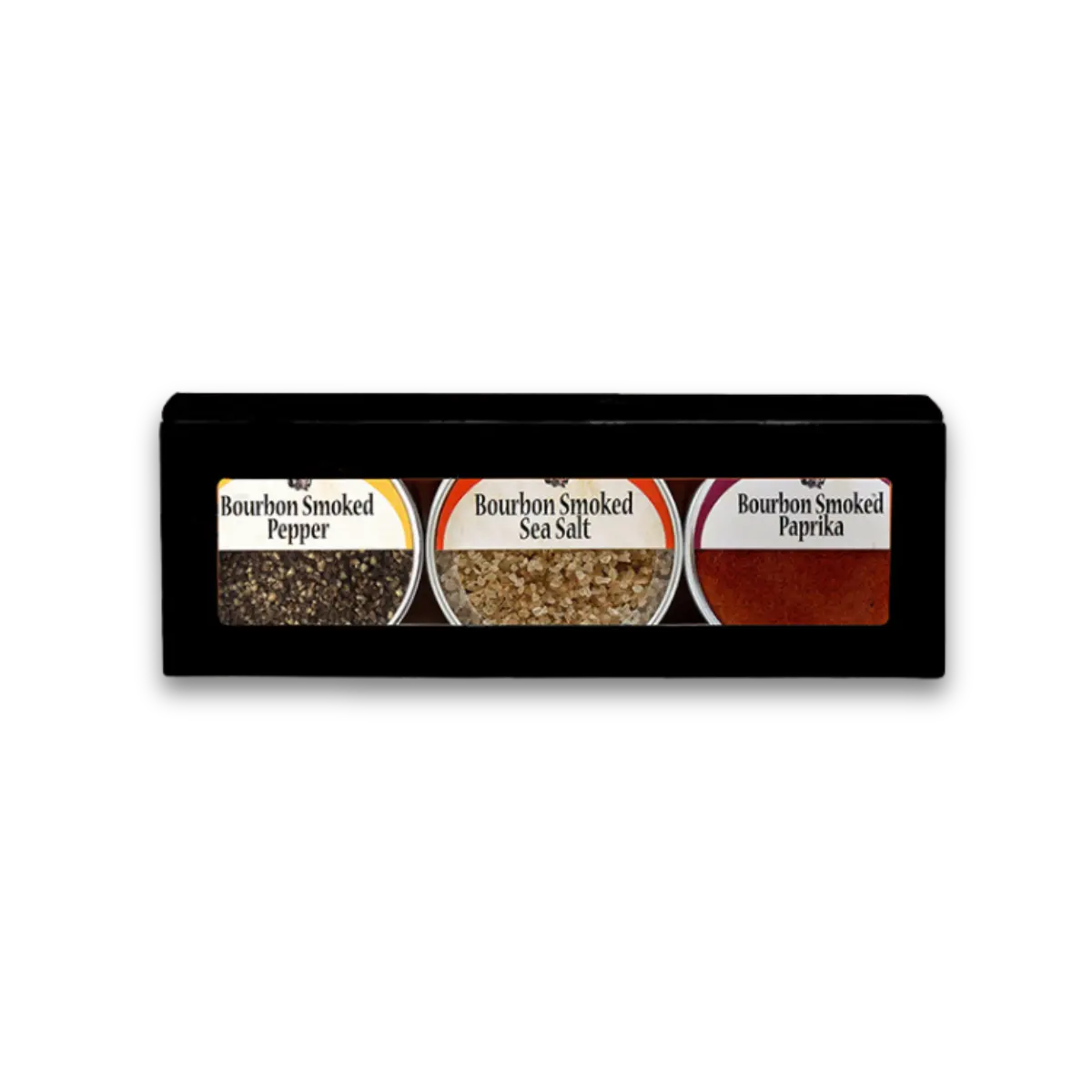 Bourbon Smoked Spice 3 Pack Gift Set with pepper, sea salt, and paprika tins