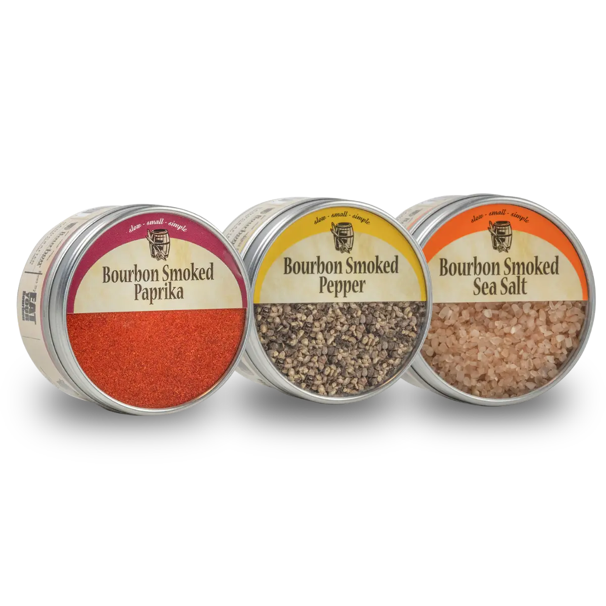 Three tins of Bourbon Smoked paprika, pepper, and sea salt seasonings