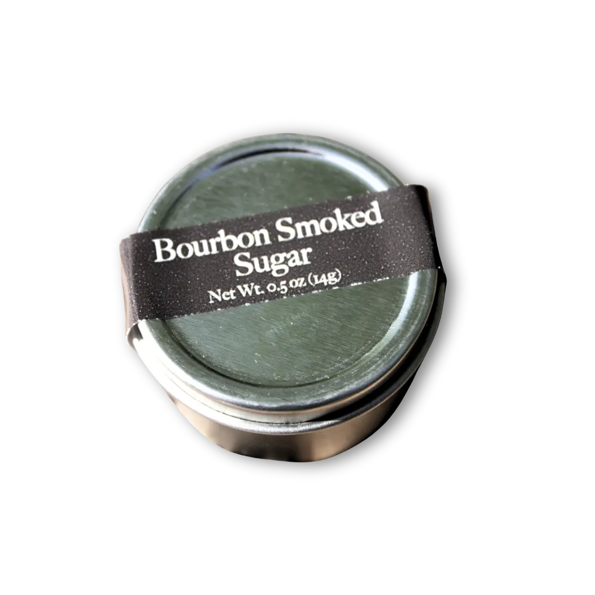 Bourbon Smoked Sugar in a dark green tin with a white label band.