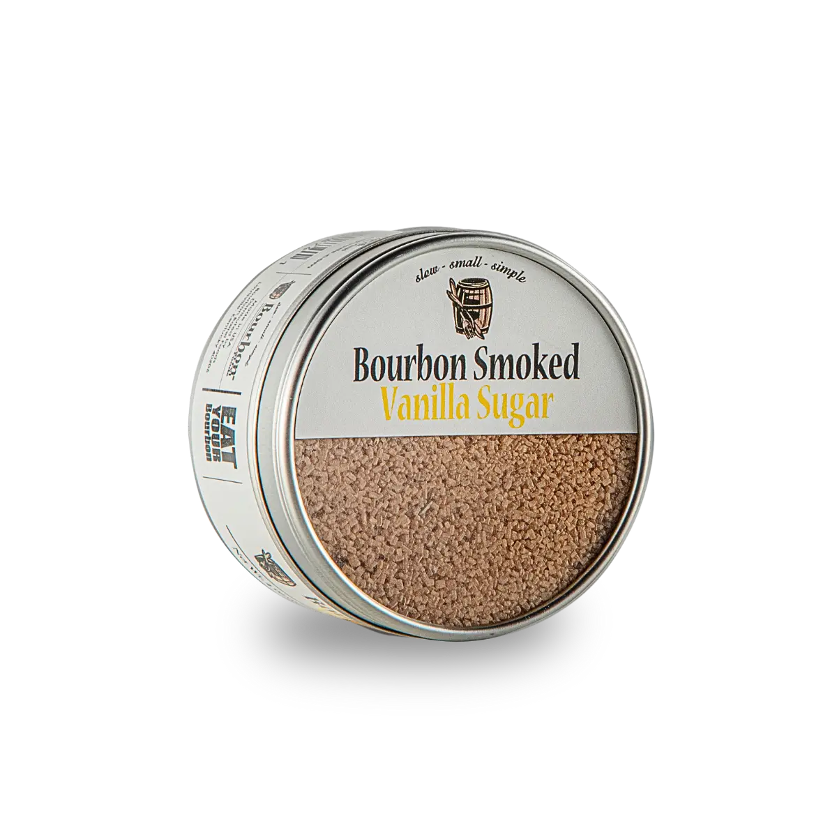 Bourbon Smoked Vanilla Sugar in a round tin with a clear lid.