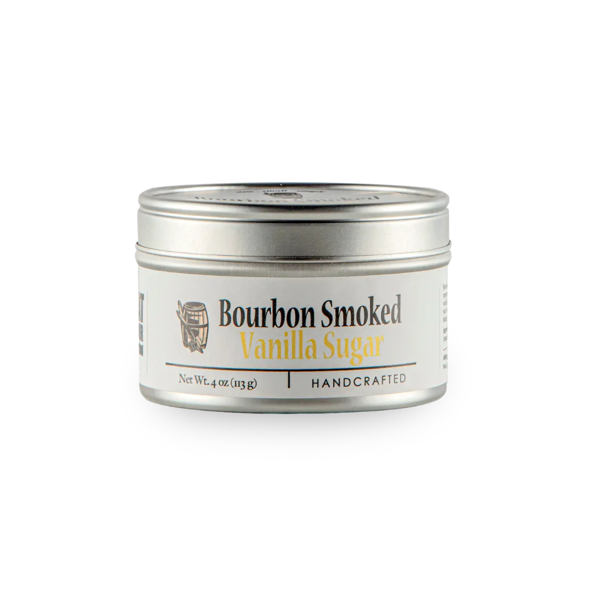 Bourbon Smoked Vanilla Sugar in a silver tin can.