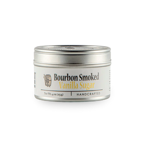 Bourbon Smoked Vanilla Sugar in a silver tin can.