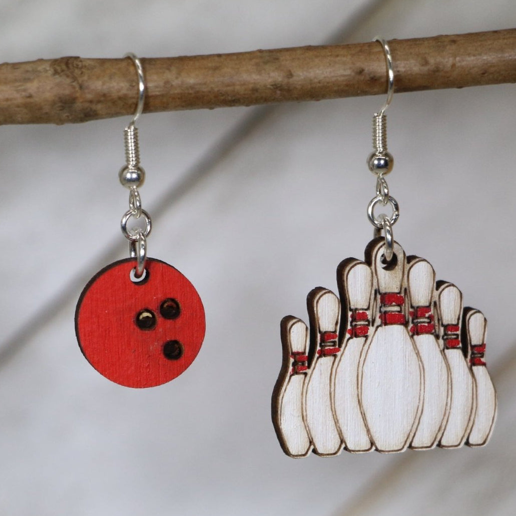 Bowling Ball and Pin Wooden Dangle Earrings | Bowling Jewelry