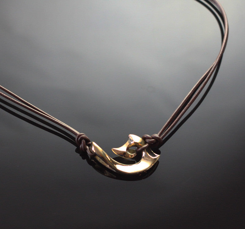Bronze Tribal Hook Sideways Necklace on Double Leather