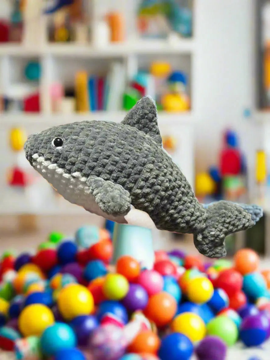 Crochet Shark Plush Toy. Handmade Grey Shark with white belly. Stuffed animal toy.