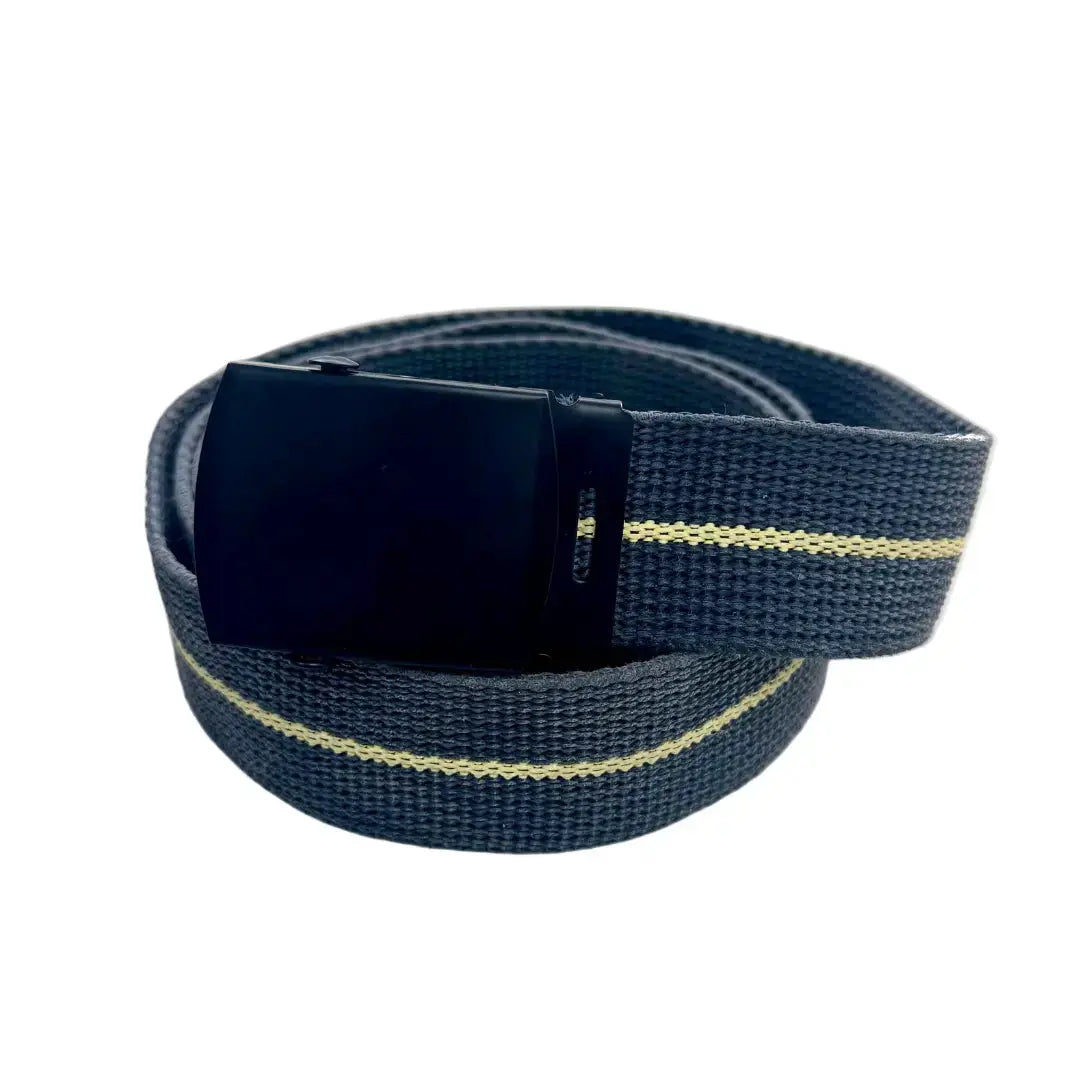 Gray canvas belt with yellow stripes and black buckle.