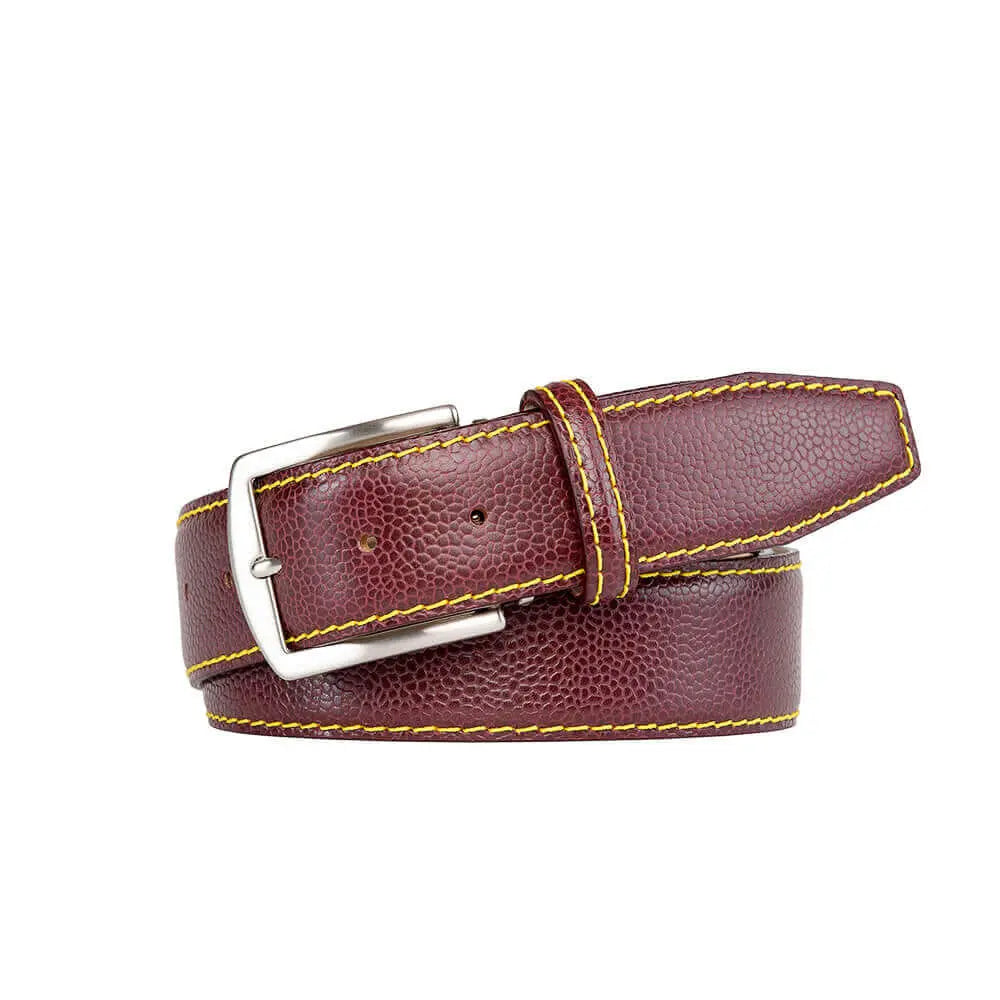 Burgundy French Pebble Grain Belt by Roger Ximenez: Bespoke Belts and Leather Accessories, handmade leather goods main product photo