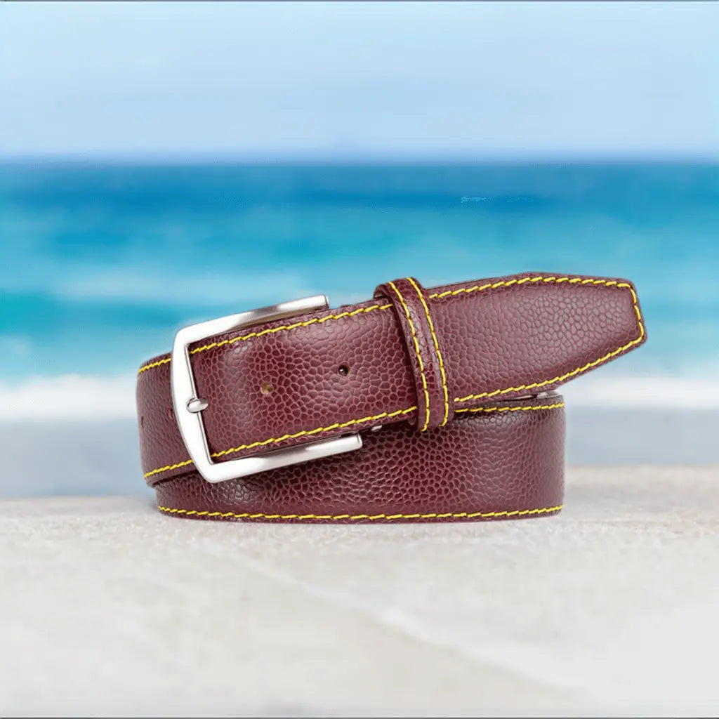 Burgundy French Pebble Grain Belt by Roger Ximenez: Bespoke Belts and Leather Accessories, handmade leather goods detail photo 2