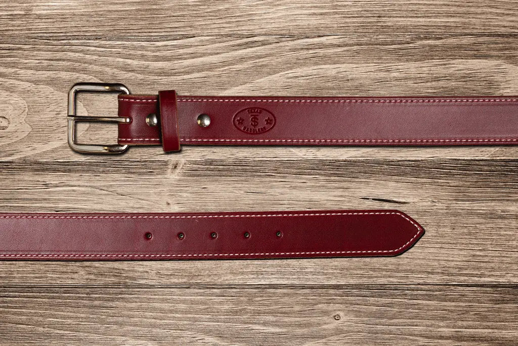 Burgundy Latigo Belt by Texas Saddlery, handmade leather goods detail photo 2