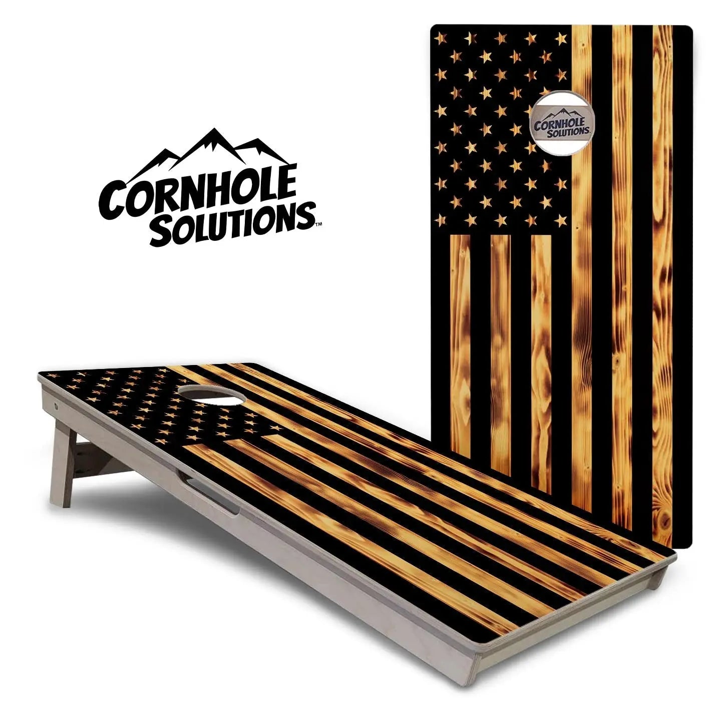 Burnt Rustic Flag Cornhole Boards - Professional Tournament Series by Cornhole Solutions, custom cornhole board main product photo