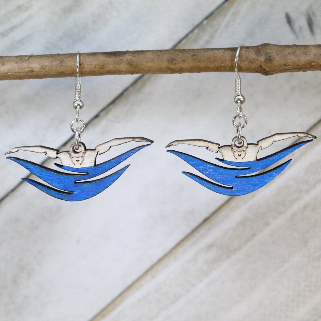 Butterfly Stroke Swimmer Wooden Dangle Earrings | Swim Jewelry by Cate's Concepts, LLC, handmade jewelry main product photo