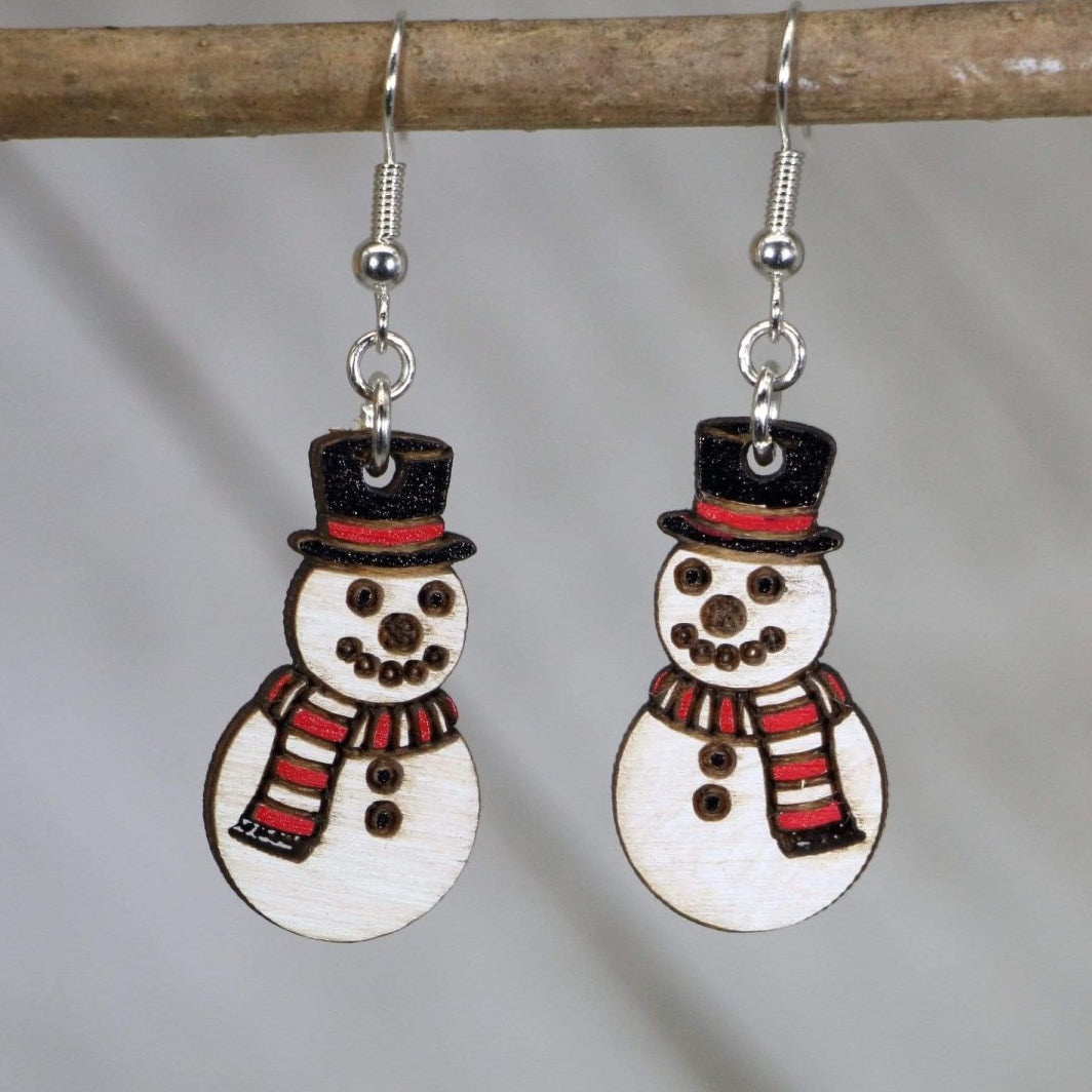 Button Nose Snowman Wooden Dangle Earrings | Christmas Jewelry by Cate's Concepts, LLC, handmade jewelry main product photo