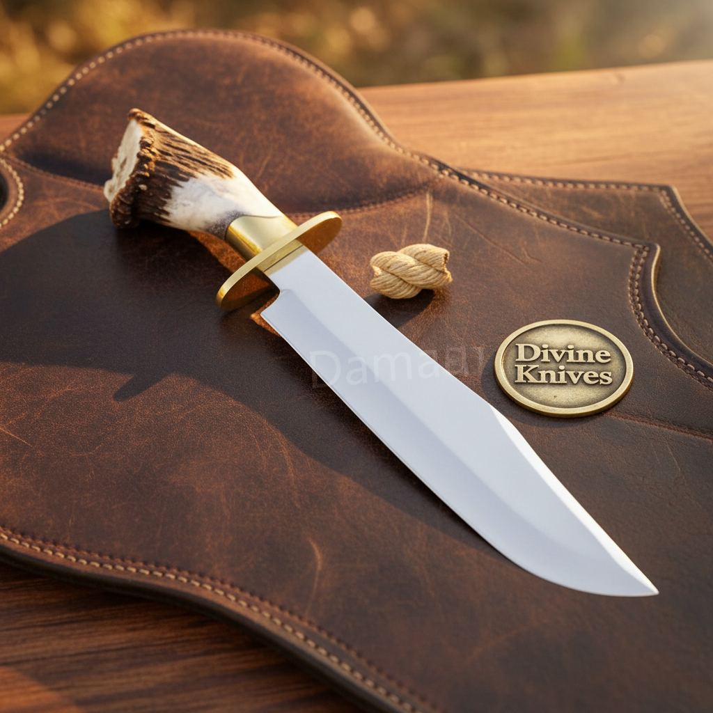 Crown Antler D2 Steel Brass Clip-Point Bowie with Dog-Leg style Handle by Divine Knives — product view 1
