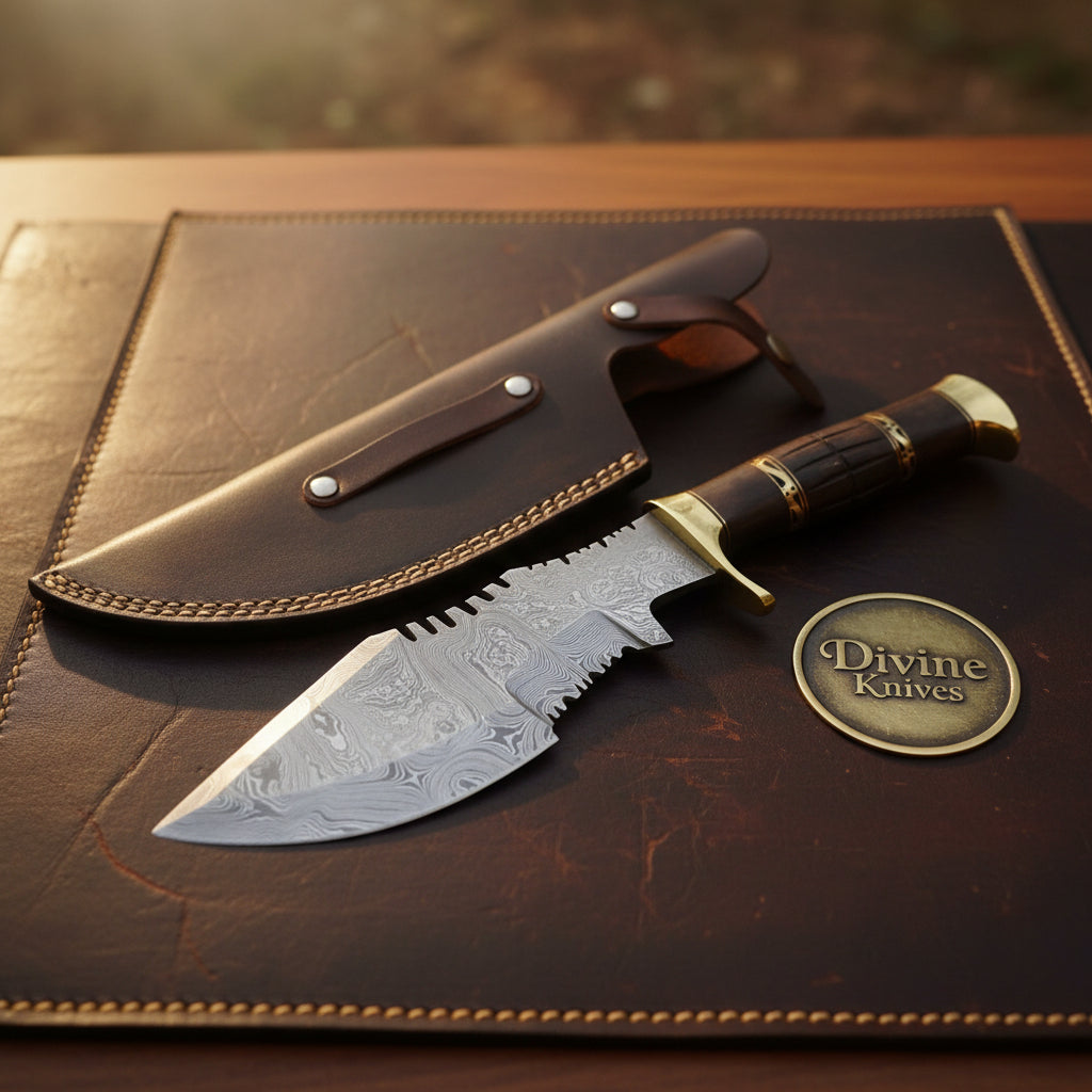 Brass Inlay Sawback Skinner with Banded Hardwood Handle and Snap Close Leather Sheath by Divine Knives — product view 1