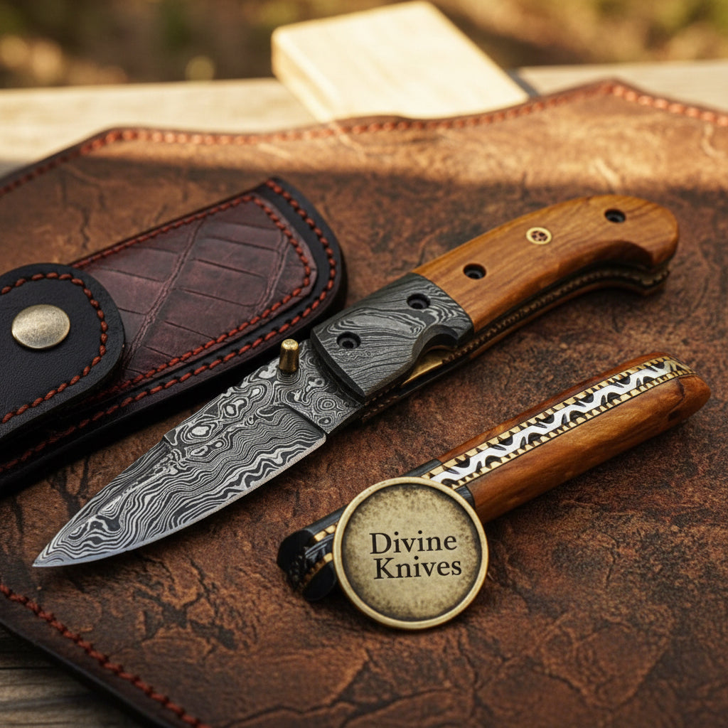 Olive Wood Damascus Spear Point Folder by Divine Knives