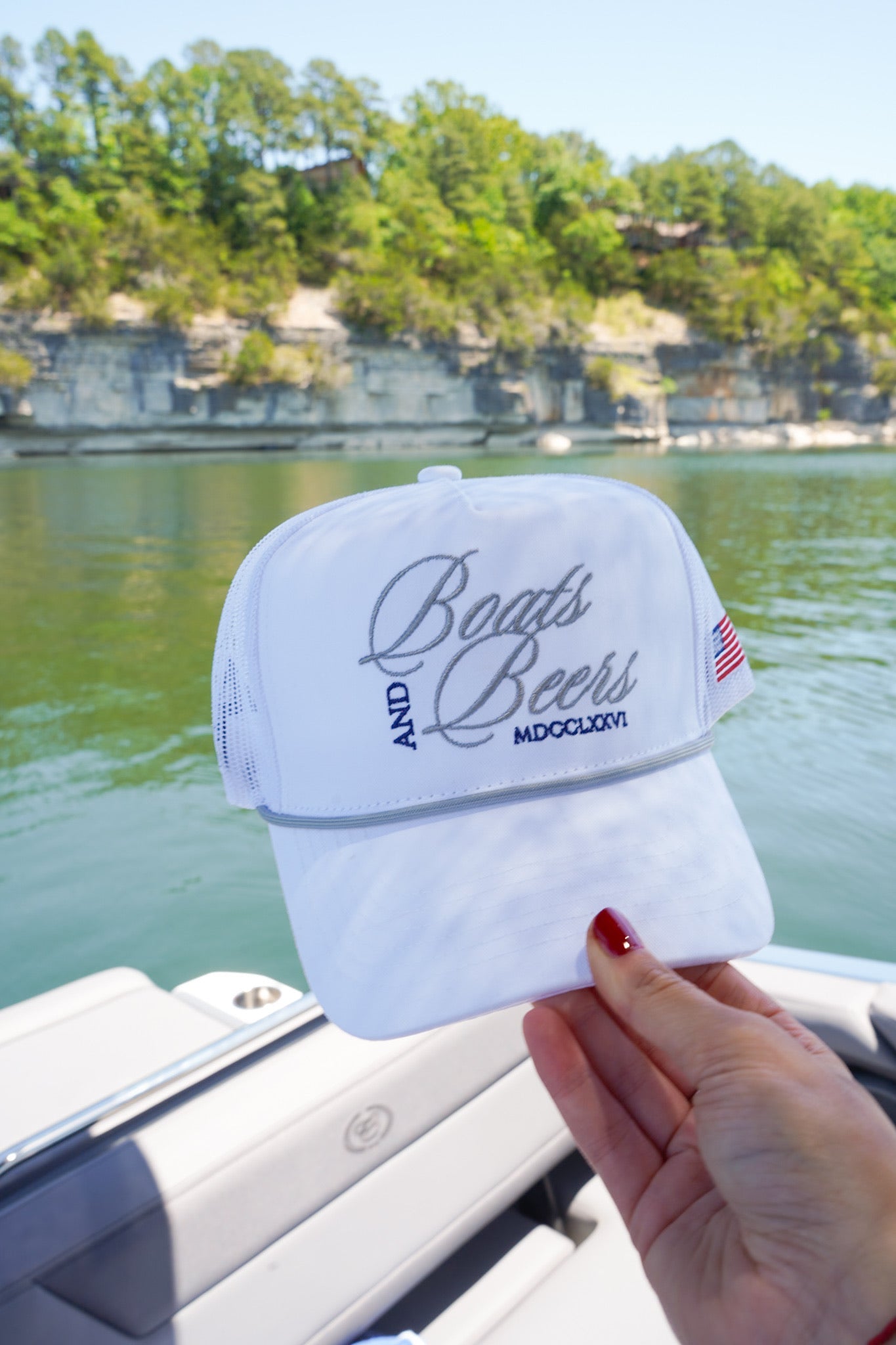 Boats & Beers - White Vintage Trucker Hat by KenzKustomz, Southern lifestyle apparel main product photo