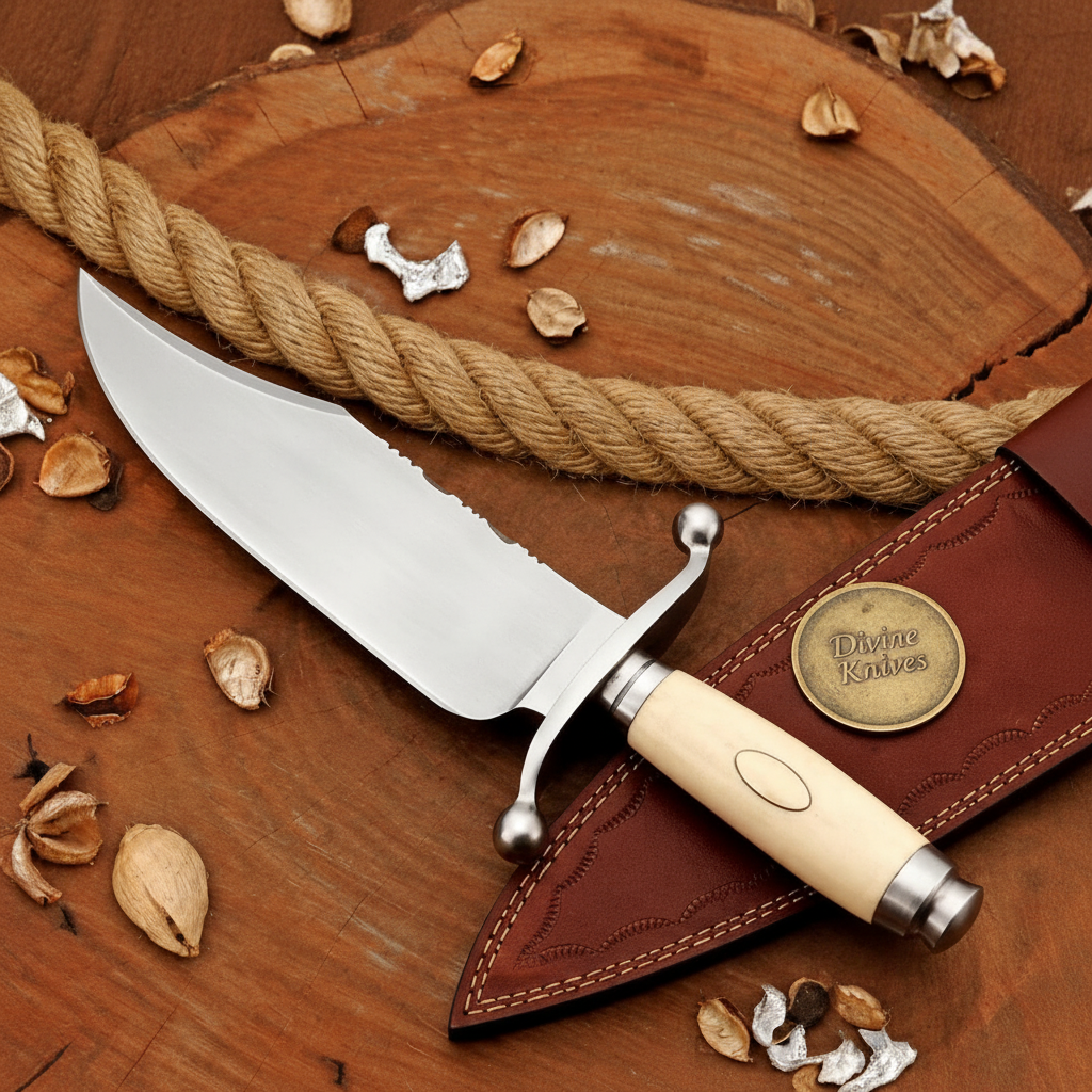 Bone Handle Bowie Knife with Mirror Finished Blade and Hand Stitched Leather Sheath by Divine Knives — product view 1
