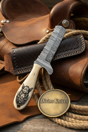 Scrimshaw Camel Bone Bull Cutter with Hand Engraved Bone Handle