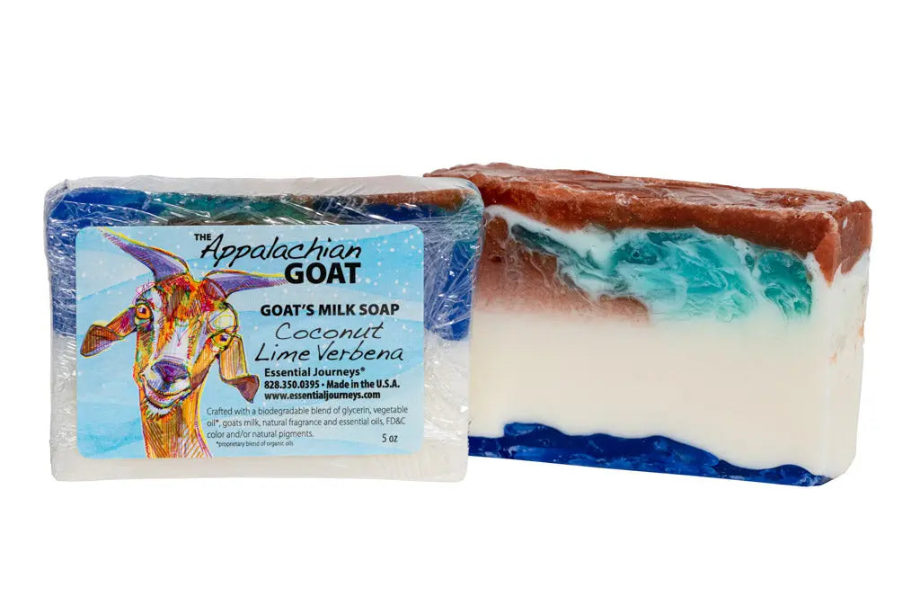 Appalachian Goat Coconut Lime Verbena goat milk soap bar with colorful layers.
