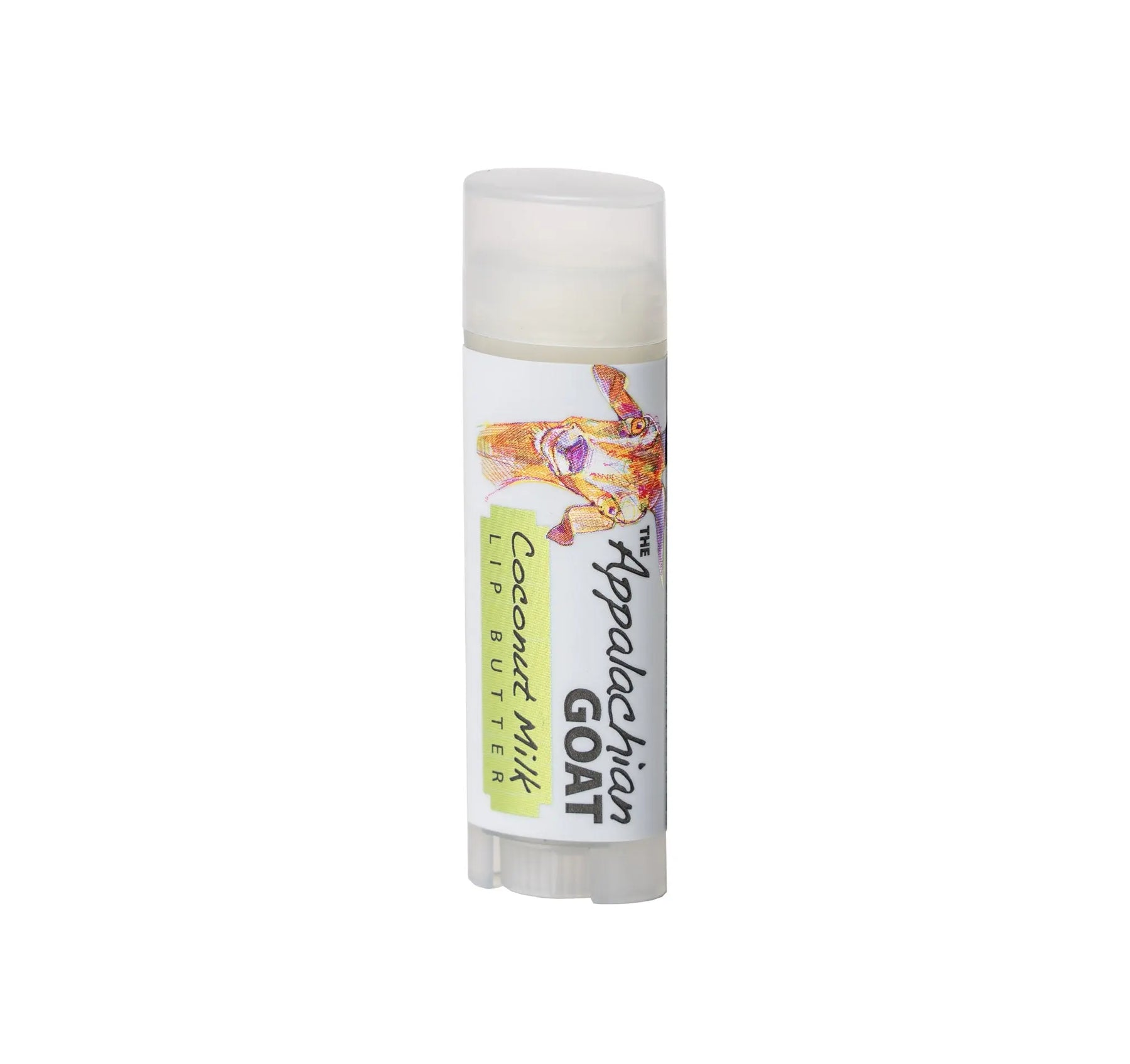 The Appalachian Goat Coconut Milk Lip Butter balm tube with goat illustration.