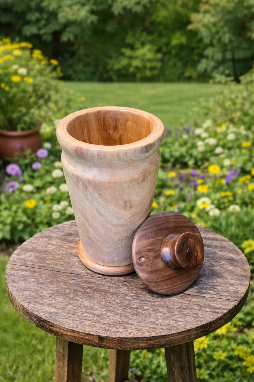 Wooden cremation urn made of mimosa and black walnut in a garden.